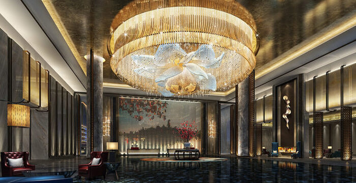 Những mẫu đèn chùm có kích thước lớn, thiết kế sang chảnh tỉ mỉ rất phù hợp với đại sảnh khách sạn