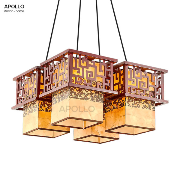 Đèn chùm thả vải khung gỗ phong cách Trung Hoa Decor trang trí DTT 4438A