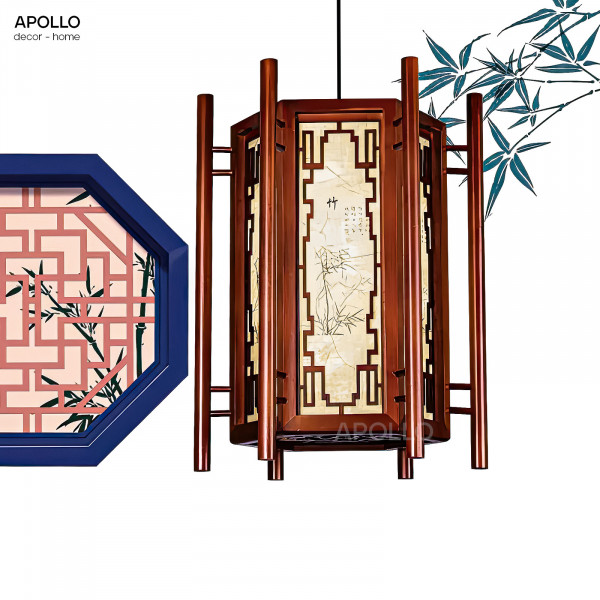 Đèn thả trần lồng vải khung gỗ cổ điển Trung Hoa trang trí DTT 4873A