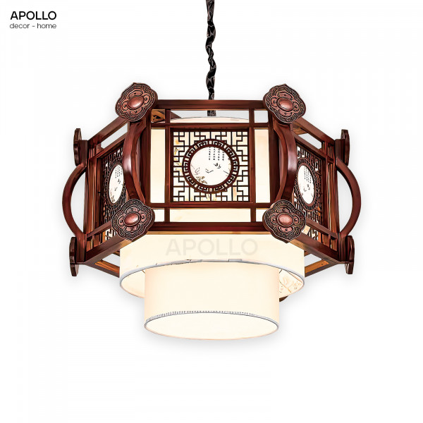 Đèn thả trần lồng vải khung gỗ cổ điển Châu Á trang trí DTT 4875A