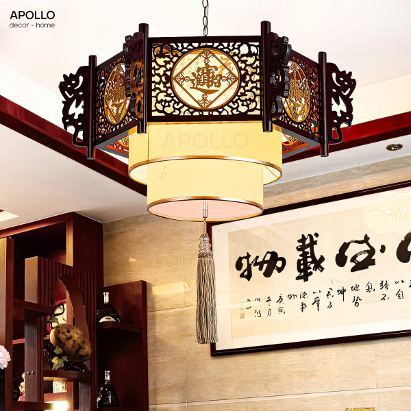 Đèn thả lồng vải khung gỗ Trung Hoa Decor nhà hàng trang trí DTT 4889A