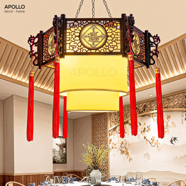 Đèn thả trần lồng vải khung gỗ Trung Hoa Decor nhà hàng trang trí DTT 4890A