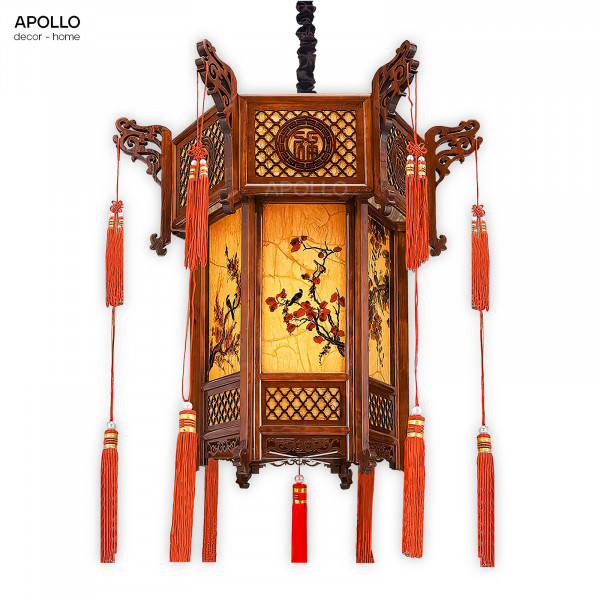 Đèn thả vải khung gỗ cành hoa đào phong cách Châu Á trang trí DTT 4706A