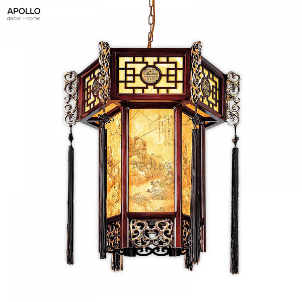 Đèn thả vải khung gỗ phong cách Châu Á Decor nhà hàng, quán cafe trang trí DTT 4721A