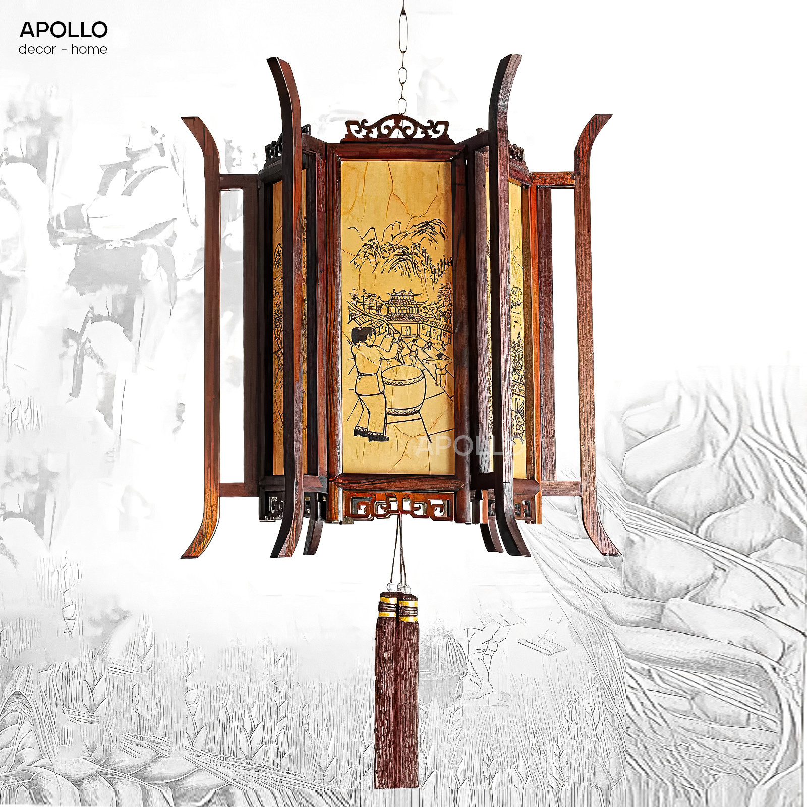 Đèn thả trần lồng vải khung gỗ cổ điển Trung Hoa trang trí DTT 4872A